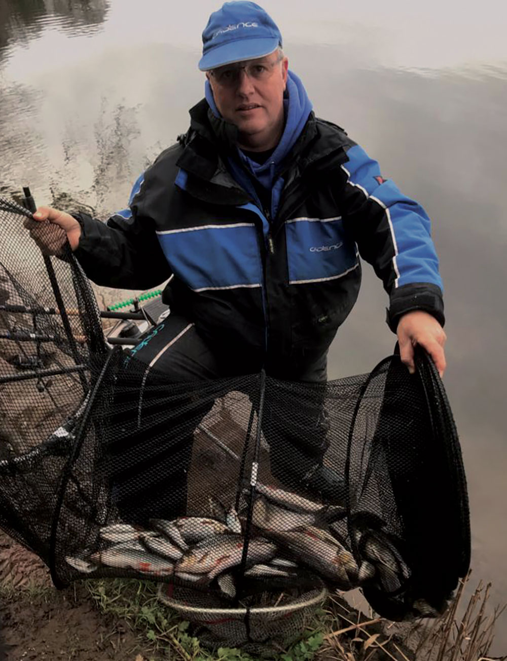 River Float Fishing with Punched Bread: Alan with a stunning bread punch net of Ribble roach, chub and dace taken in a four-hour session on a bolo approach with the float fished some 40 yards out down the middle of the river.