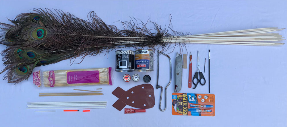 Tools and Materials for making peacock wagglers
